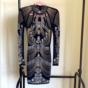 Rhinestone on net black midi party dress